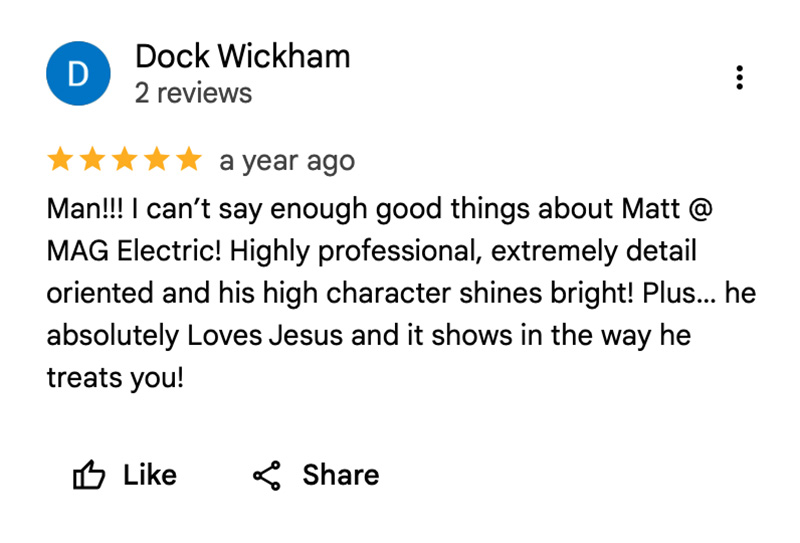 MAG Electric verified Google review SLO County electrician